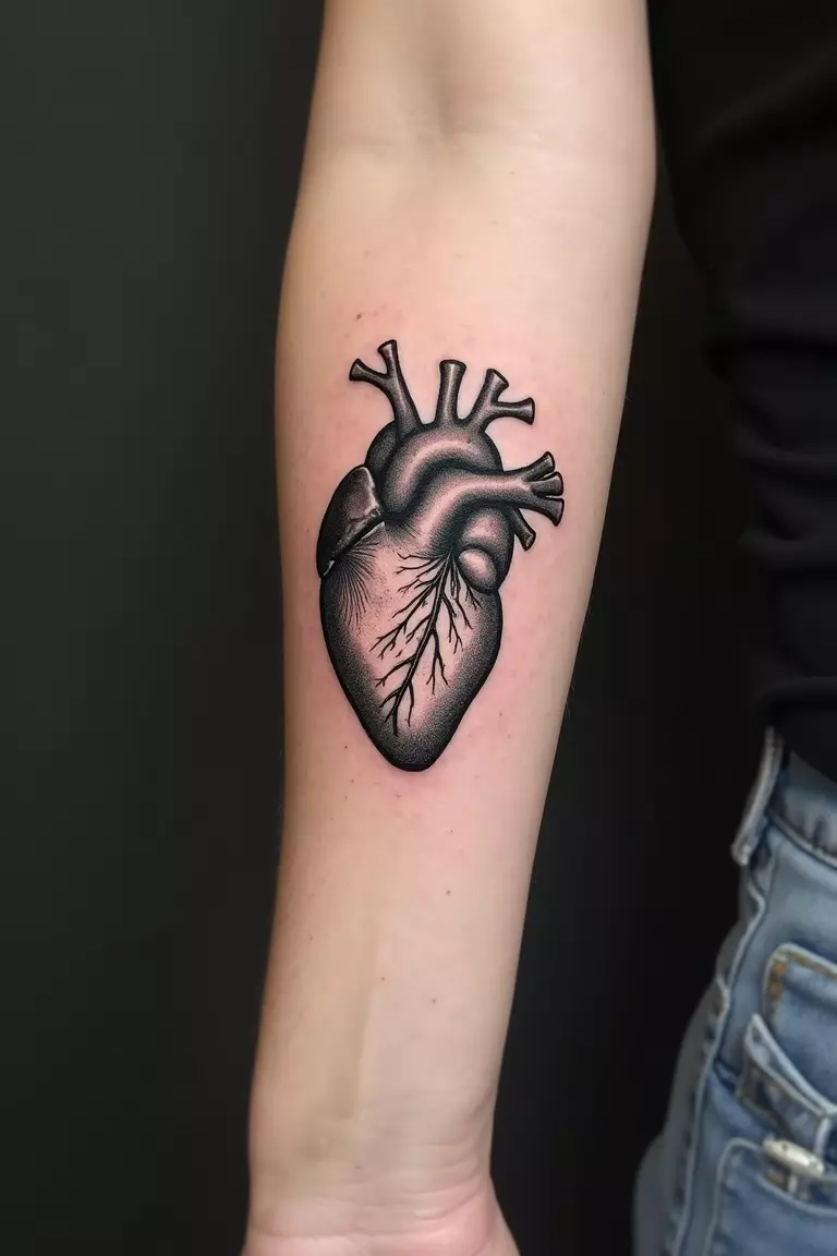 A close-up shot of a woman's arm with a black ink tattoo of an anatomical heart.