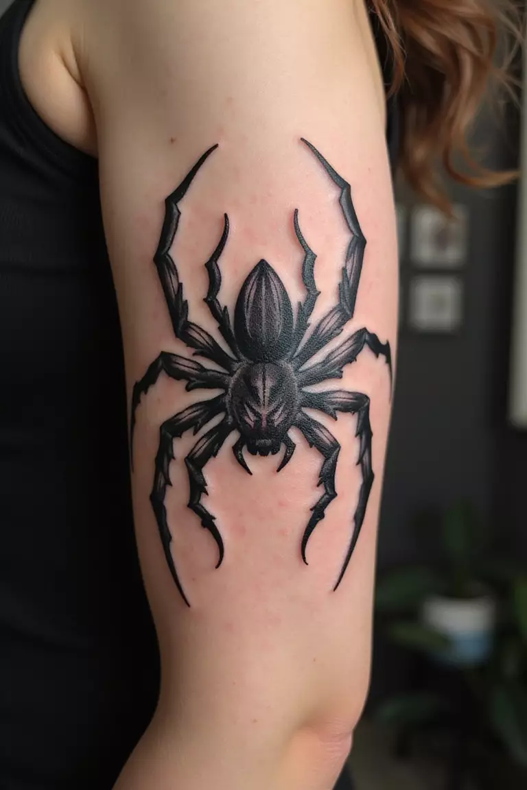 A close-up shot of a woman's arm with a black ink tattoo of a spider designed with bold, black tribal patterns and sharp angles.