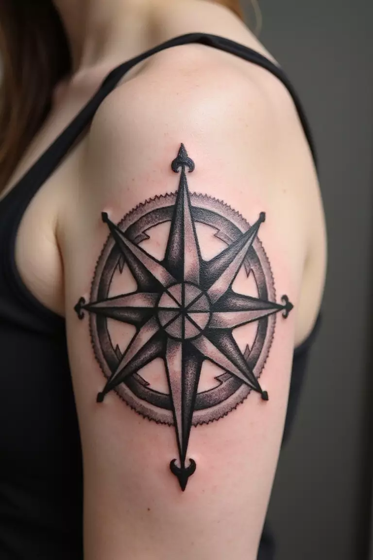 A close-up shot of a woman's arm with a black ink tattoo of a vintage-style compass rose.