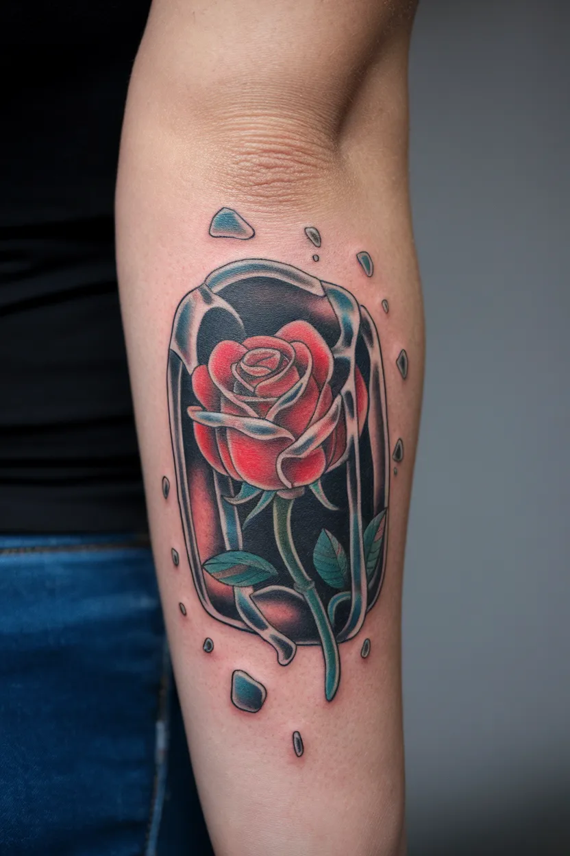 Glass-Encased Rose Forearm Tattoo