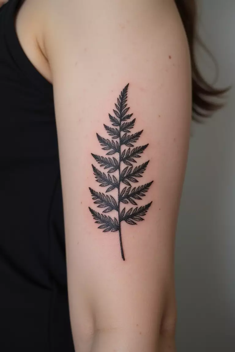 A close-up shot of a woman showing her black ink detailed single fern frond tattoo design on her arm