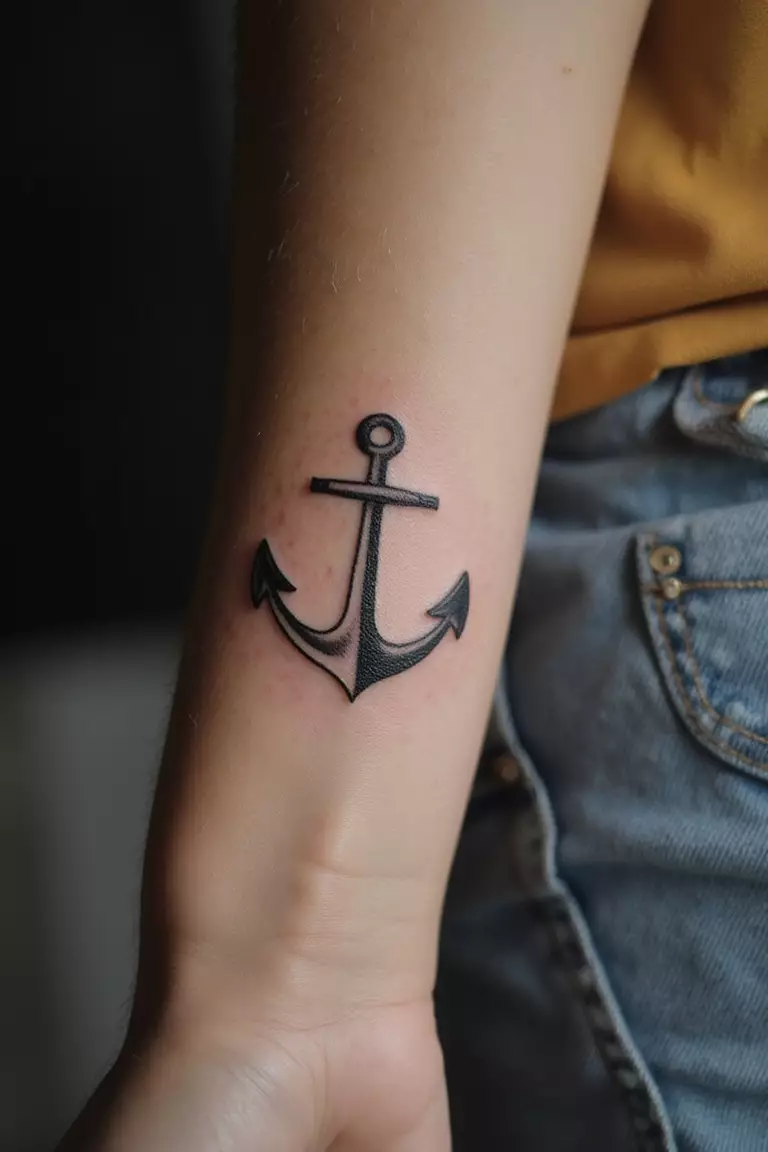 A close-up shot of a woman showing her black ink symbolic icons tattoo design featuring a small anchor on her arm