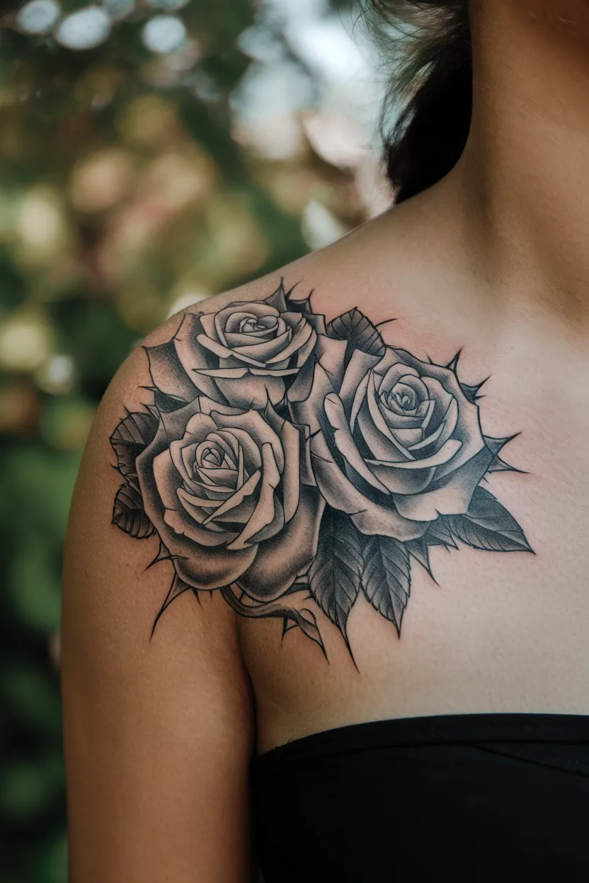 Black and Gray Tattoo of Roses Below Collarbone