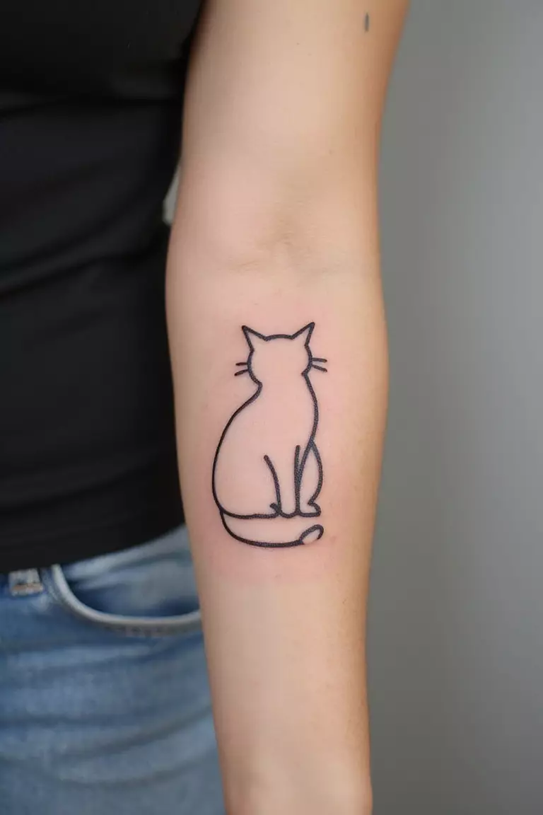 Cat Outline A close-up shot of a woman's arm with a black ink tattoo of a minimalist outline of a sitting cat.