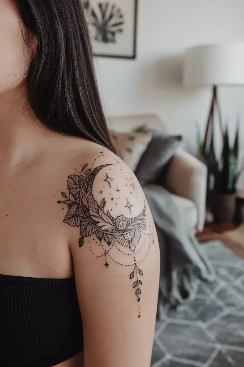 A close-up photo of a woman showing her detailed mandala-style moon tattoo, tattoo design, living room background