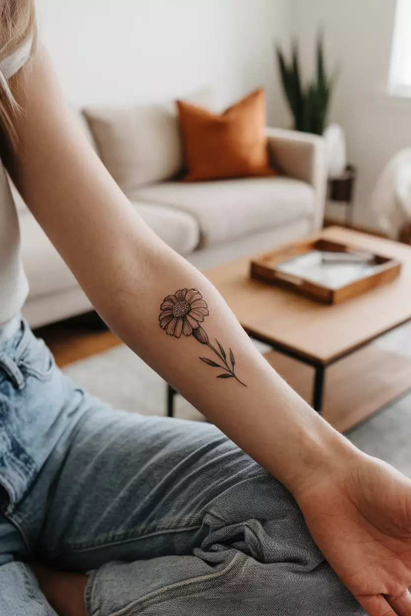 Tiny Marigold A close-up photo of a woman showing her small marigold flower tattoo with tiny petals, tattoo design, living room background