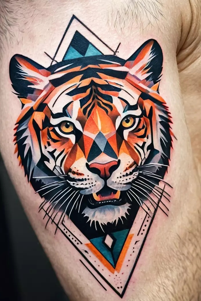 A close-up photo of a man showing his tiger geometric cat tattoo, illustrating a roaring tiger crafted with bold geometric lines and abstract shapes.  