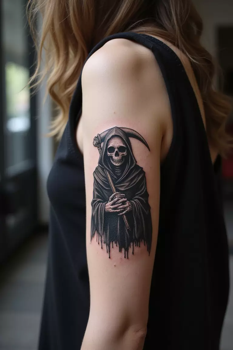 A close up shot of woman's arm with a black ink tattoo of a Grim Reaper.