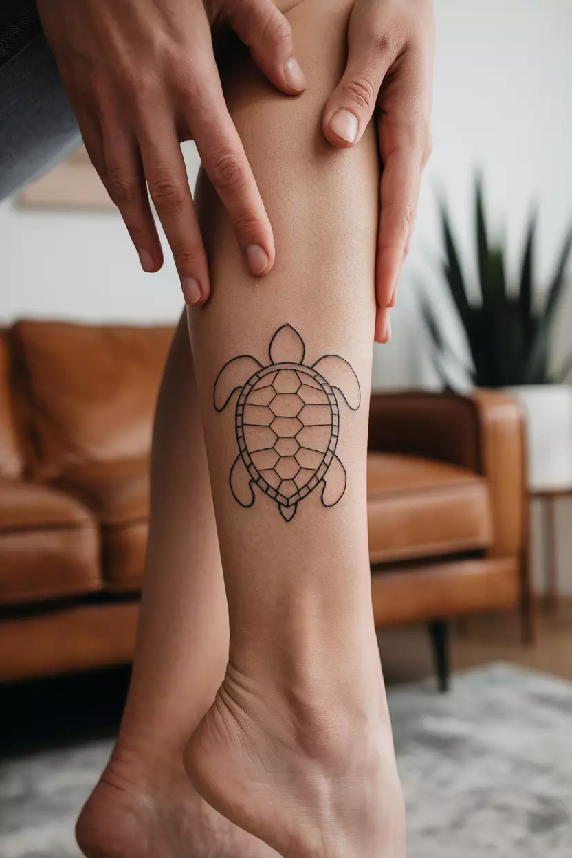 A close-up photo of a woman showing her minimalist line turtle tattoo above her ankle, with simple black outlines and clean lines that emphasize elegance and simplicity, living room background.
