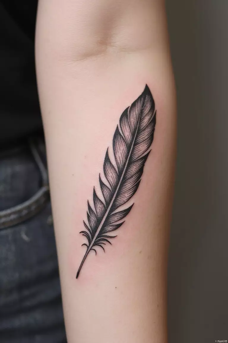 A close-up shot of a woman's arm with a black ink tattoo of a single, elegant feather, detailed with fine lines.