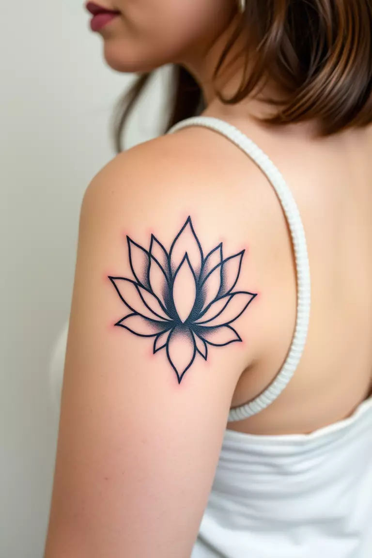 A close-up photo of a woman showing her bold-lined lotus flower arm tattoo design.  