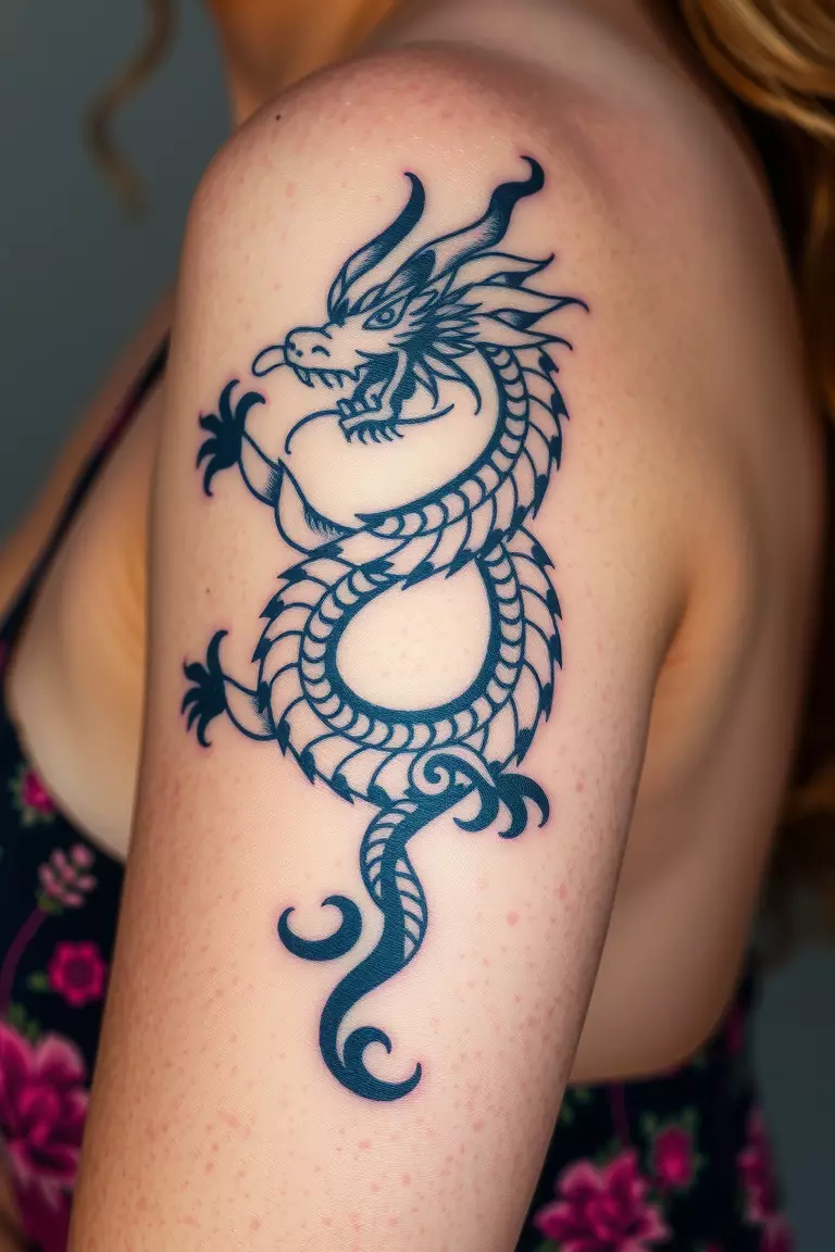 Dragon A close-up shot of a woman showing her black ink eastern style dragon tattoo design on her arm