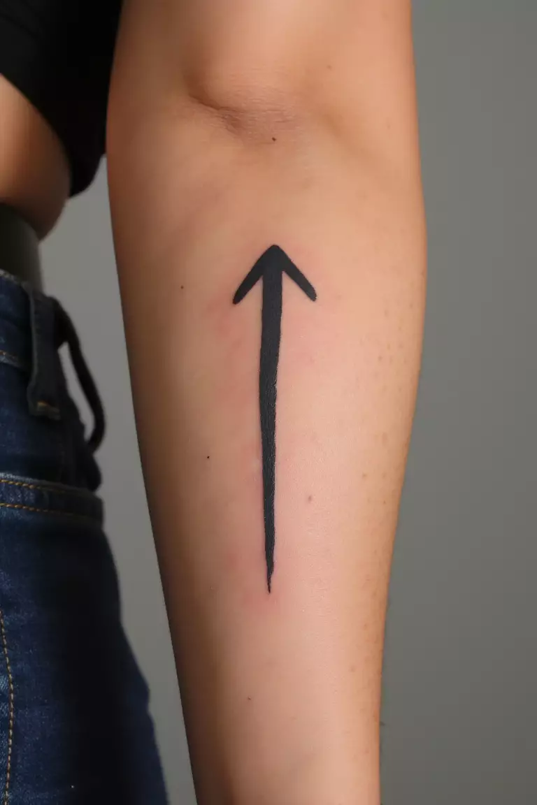 A close up shot of woman's arm with a black ink arrow pointing upward tattoo, symbolizing growth and positivity