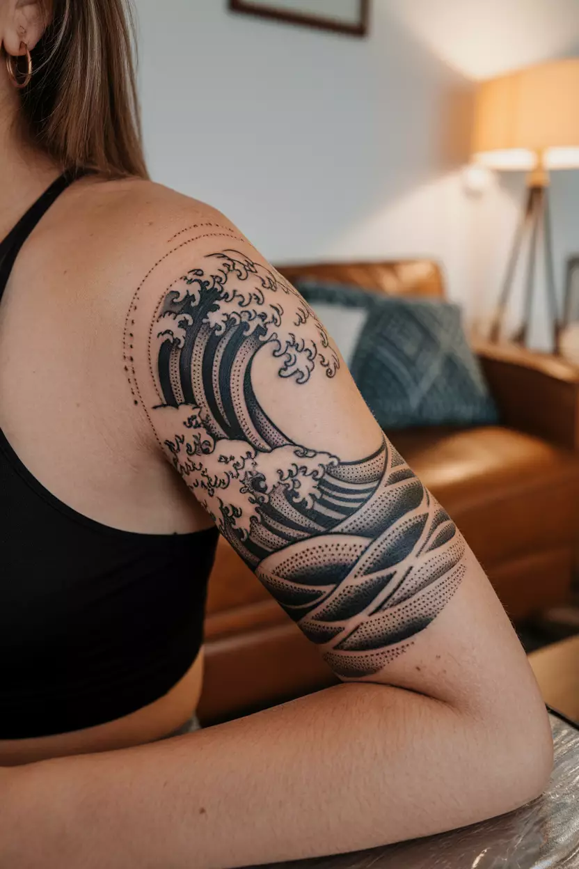 A close-up photo of a woman showing her stylized wave tattoo created with dotwork patterns for depth and texture that captures the essence of flowing water, tattoo design, living room background