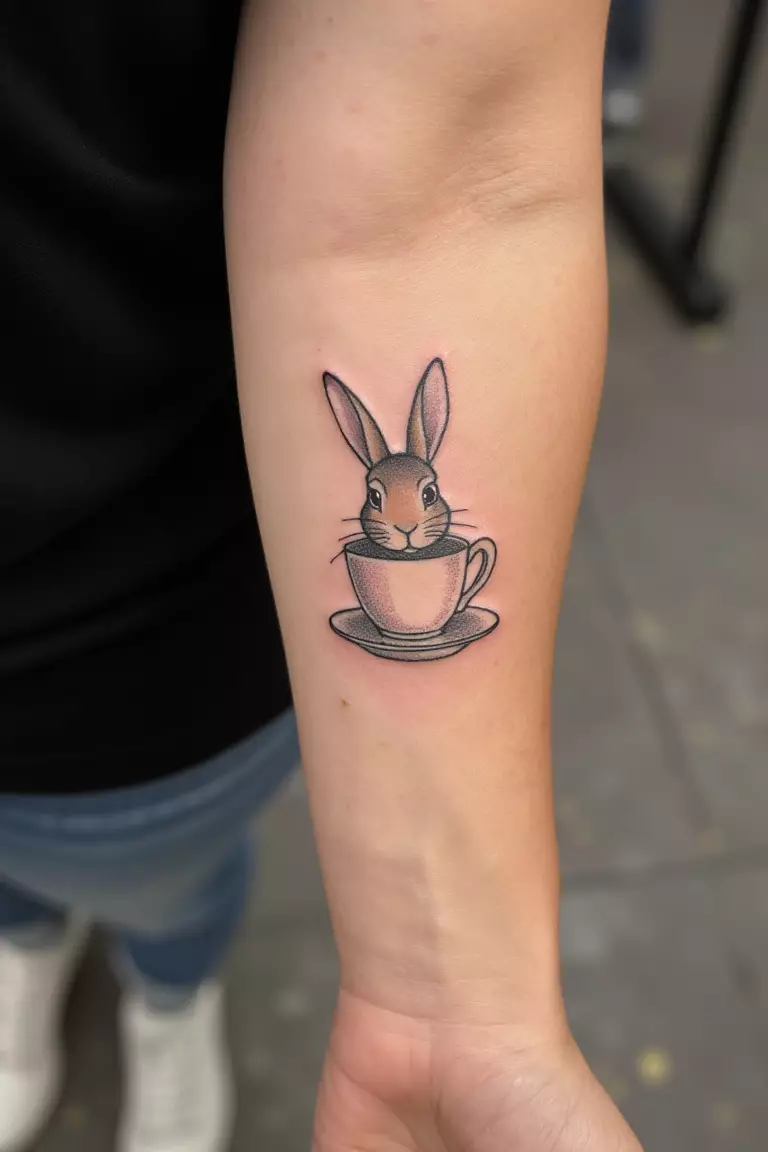 A close up shot of woman's arm with a black ink bunny rabbit in a teacup tattoo  