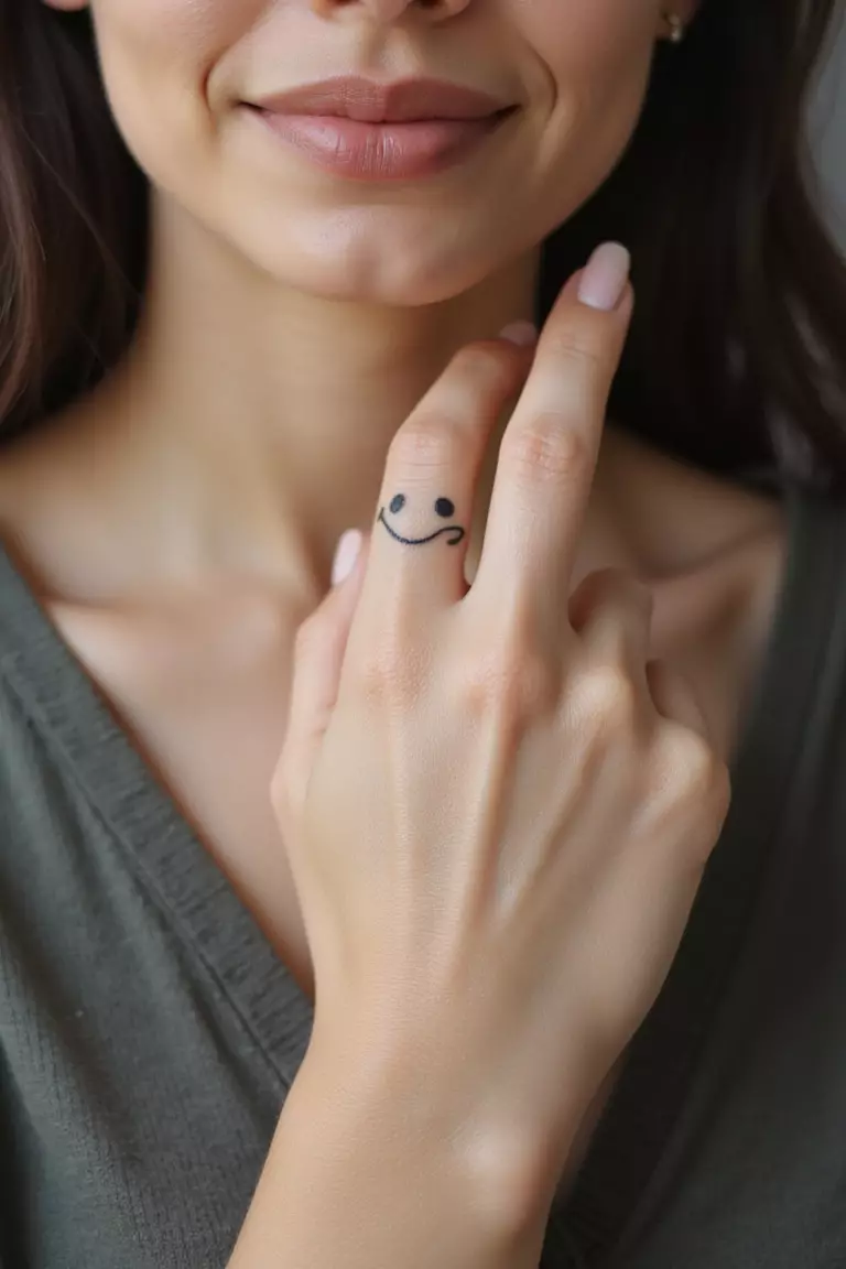 A close-up shot of a woman showing her black ink minimalist tiny smiley face tattoo design on her finger