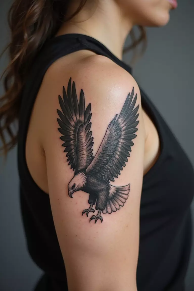 Eagle A close-up shot of a woman showing her black ink American bald eagle tattoo design on her arm
