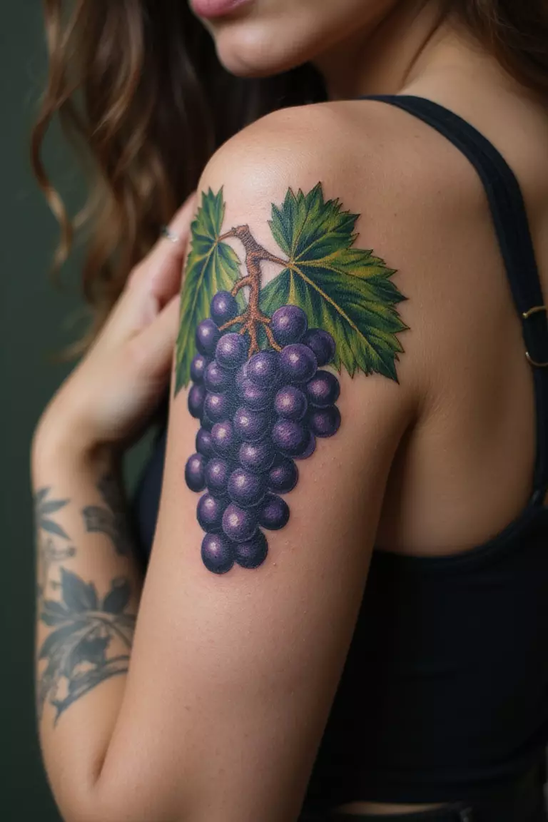 A close-up shot of a woman showing her black ink lush grapes tattoo on her arm