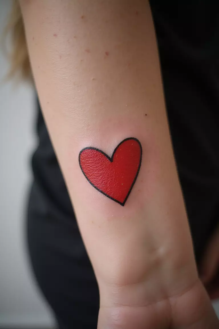 Heart A close-up shot of a woman showing her black ink simple red heart tattoo design on her arm