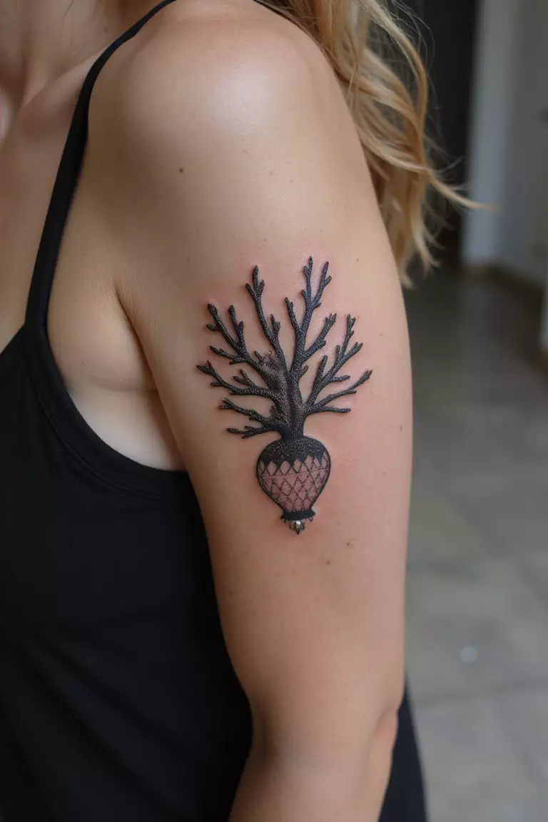 A close-up shot of a woman showing her black ink coral with hidden pearl tattoo design on her arm