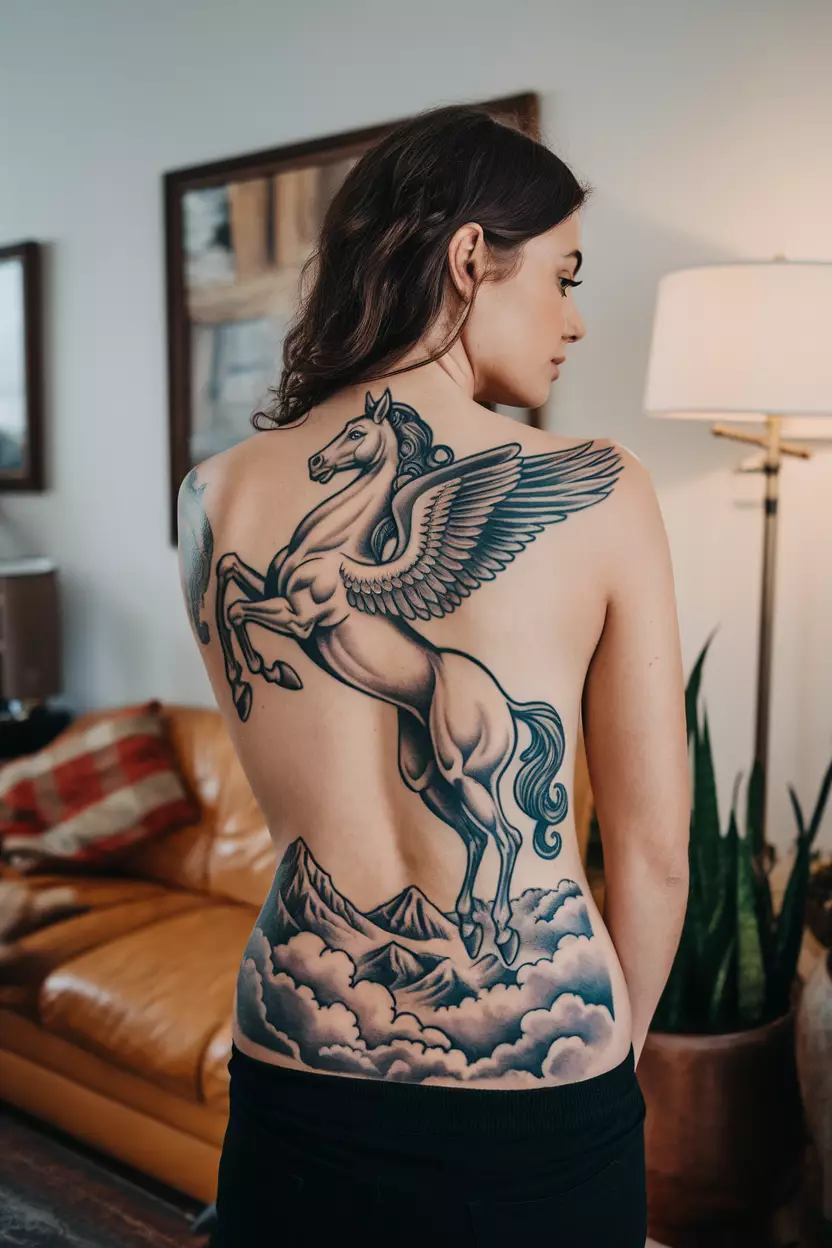 A photo of a woman with a gorgeous large Pegasus back tattoo, living room background.