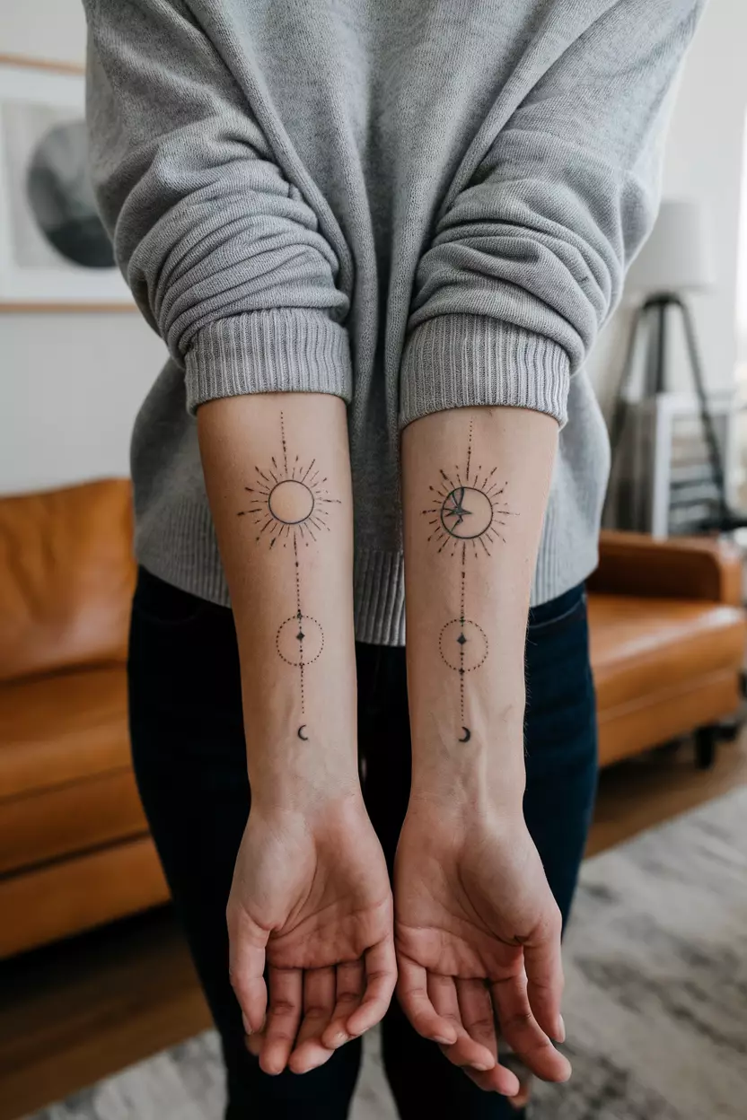 A close-up photo of a woman showing her forearms with matching linework tattoos of a sun on one arm and a moon on the other, connected by dotwork, tattoo design, living room background