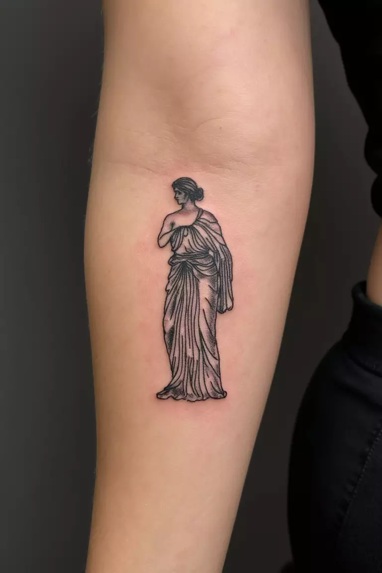 A close up shot of woman's arm with a black ink tattoo showing a minimalist silhouette of a Greek goddess, feminine and mythological.