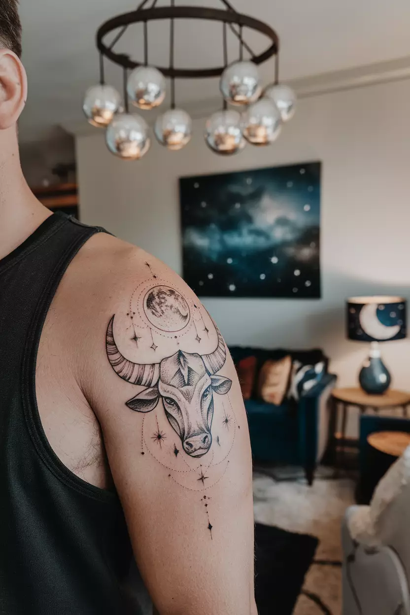 A close-up photo of a man showing his mystical moon-themed Taurus tattoo on his upper arm, incorporating lunar elements against the backdrop of an inviting living room decorated with celestial-themed decor for added ambiance.