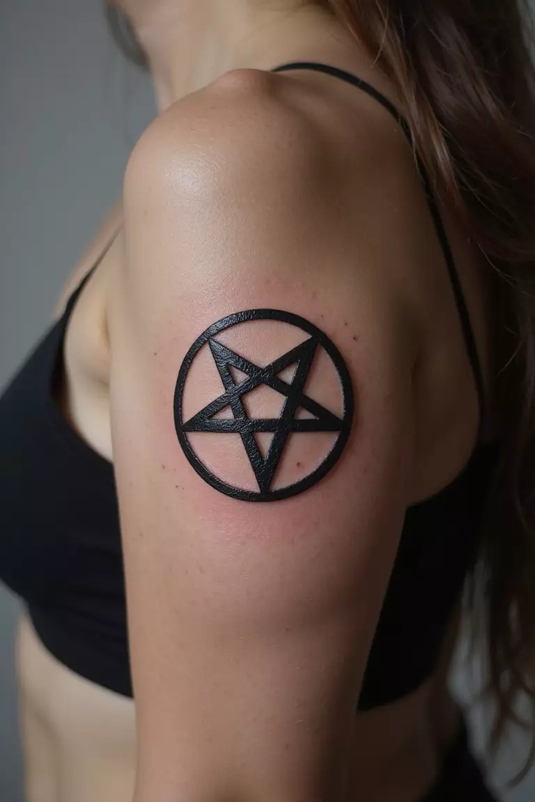 A close up shot of woman's arm with a black ink tattoo of a pentagram.