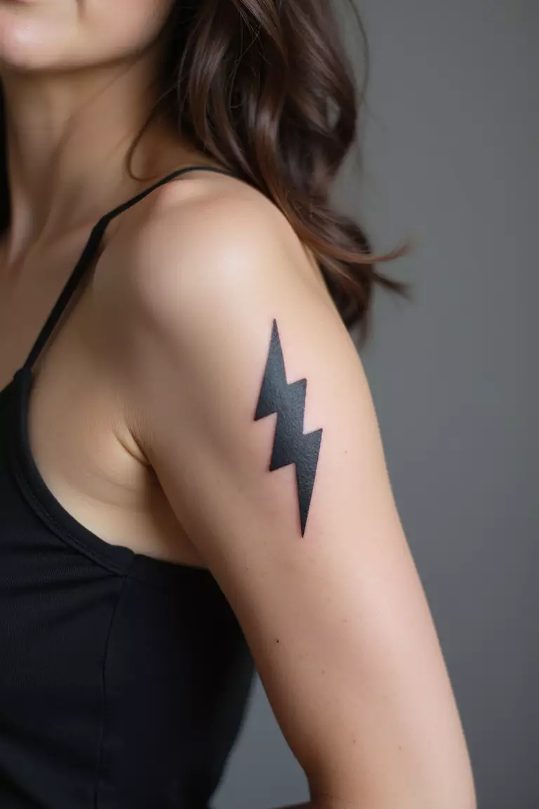 A close-up shot of a woman showing her black ink little lightning bolt tattoo design on her arm