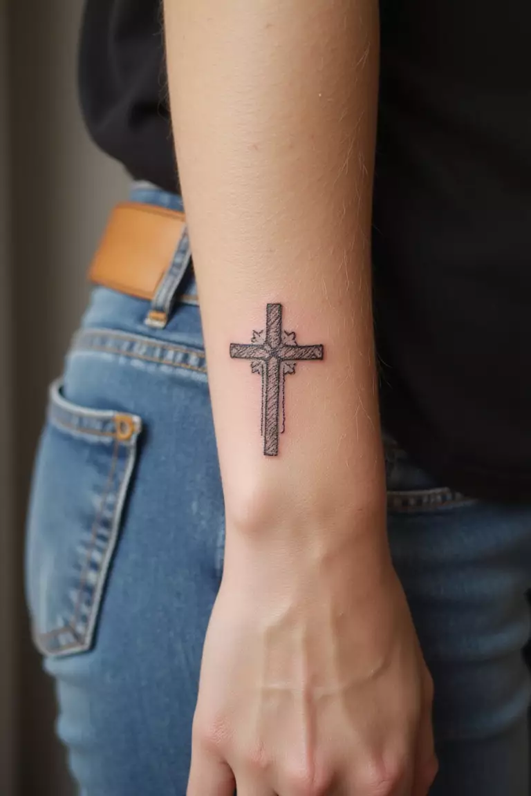 A close-up shot of a woman showing her black ink simple fine line cross tattoo design on her arm