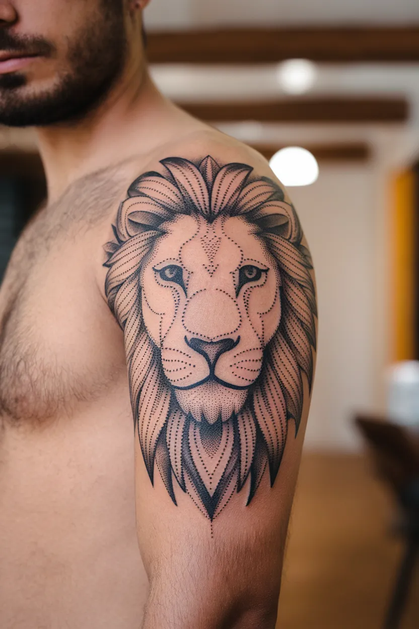 Black and Dot Work Lion Tattoo Design