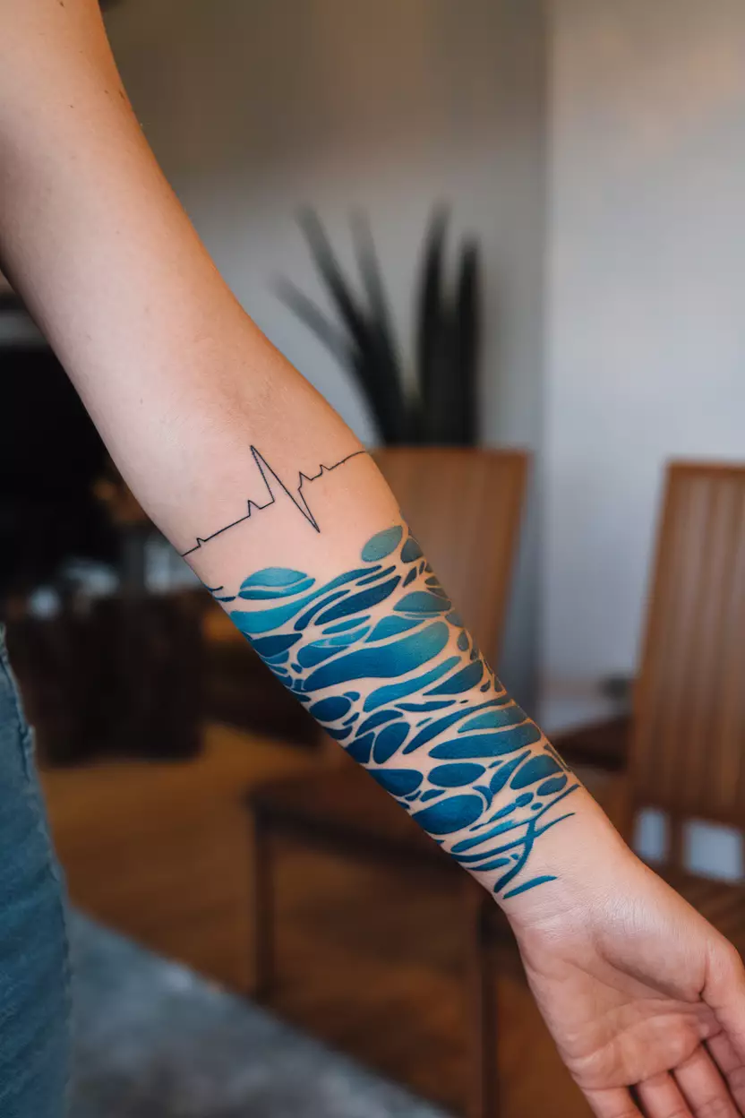 A close-up photo of a woman showing her heartbeat line transforming into ocean waves to represent the deep connection between life and the sea's rhythm, tattoo design, living room background