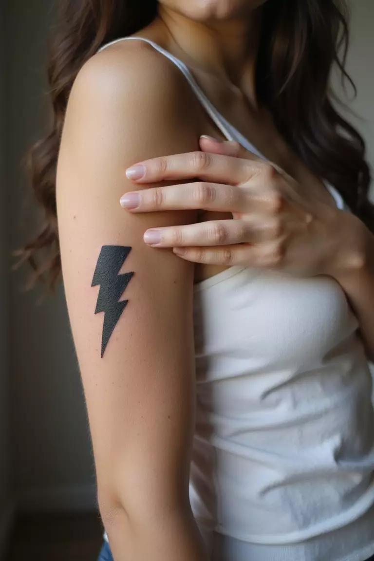 A close-up shot of a woman showing her black ink lightning bolt for energy tattoo on her arm