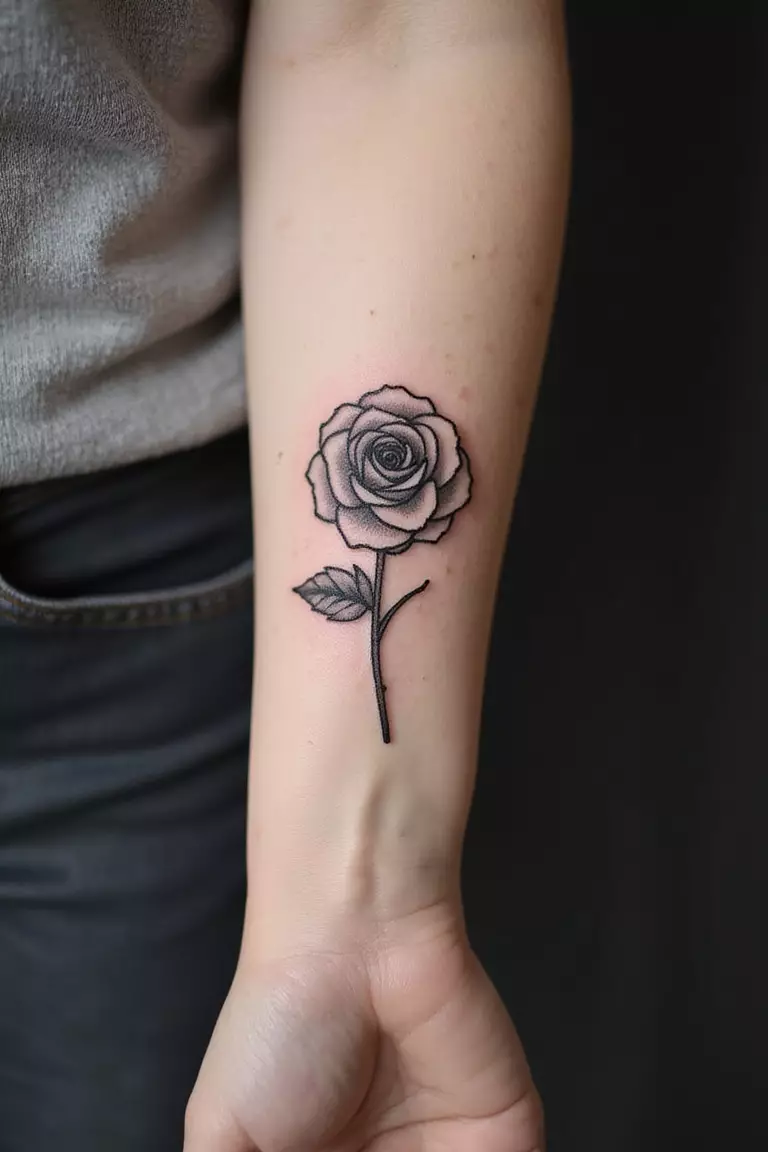 A close-up shot of a woman showing her black ink single continuous line rose tattoo on her arm.