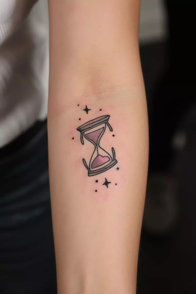 A close up shot of woman's arm with a black ink tattoo of an hourglass with stars.