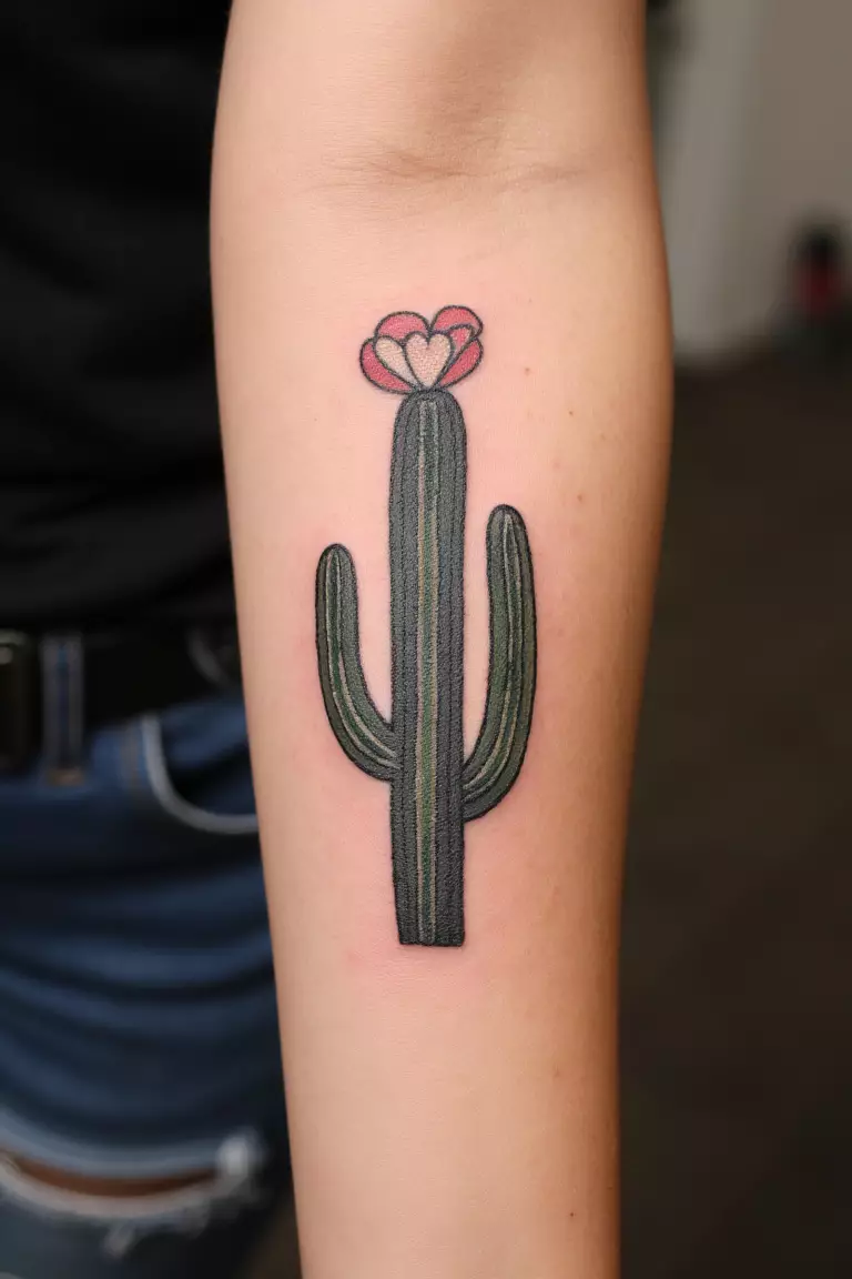 A close up shot of a woman showing her black ink cactus tattoo with a heart-shaped flower on top on her arm  