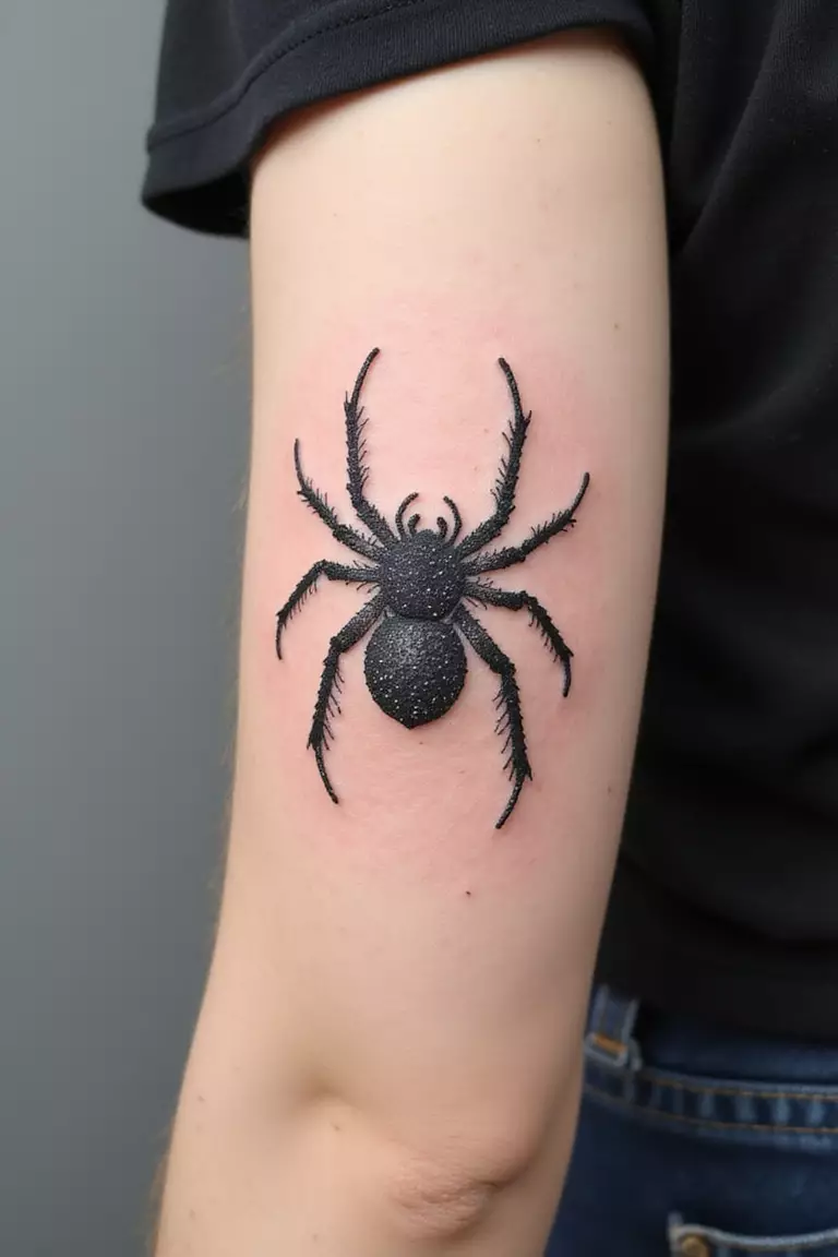 A close-up shot of a woman's arm with a black ink tattoo of a spider created entirely from tiny dots, forming its shape and shading.