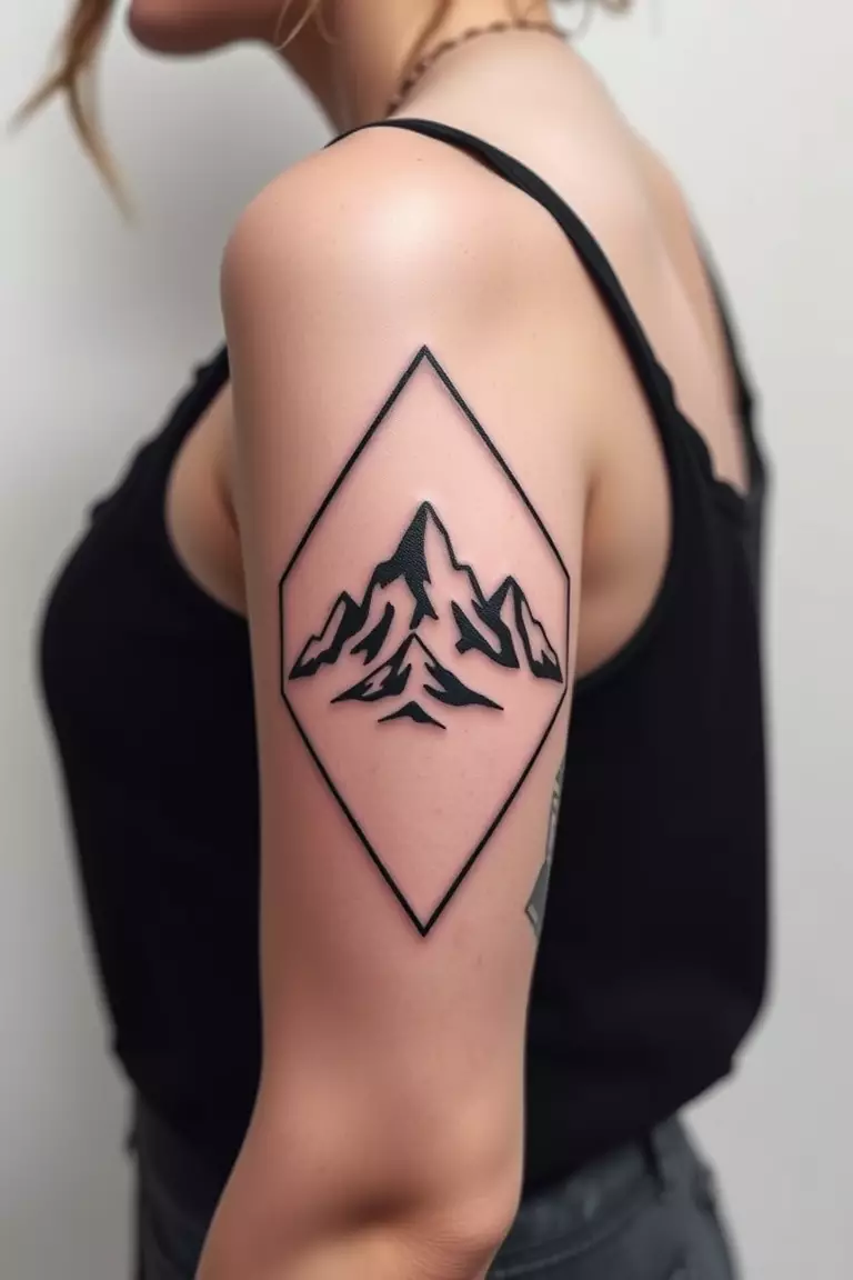 A photo of a woman with a mountain tattoo framed within a geometric outline on her upper arm, creating a bold aesthetic.  