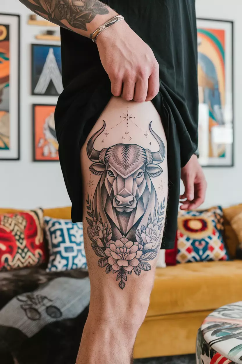 A close-up photo of a man showing his large Taurus tattoo on his thigh, depicting a majestic bull surrounded by stars and flowers, set in a chic living room with colorful cushions and art pieces that reflect a vibrant lifestyle.