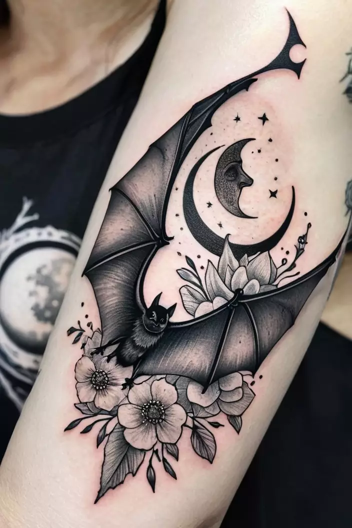 A close-up photo of a woman showing her black and gray dotwork bat tattoo with flowers and moon elements on her upper arm.  