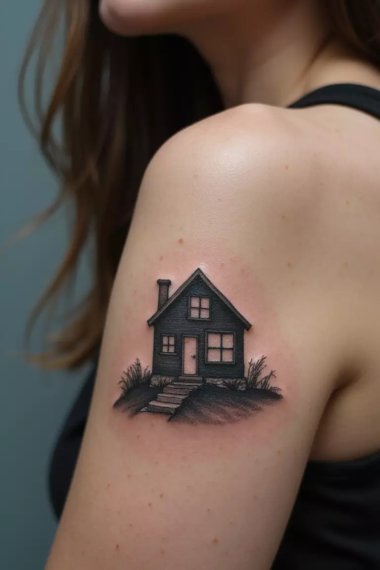 A close-up shot of a woman showing her black ink house sitting on a hill tattoo on her arm.