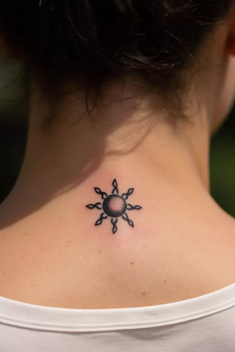 A close up shot of woman's neck from the back with a black ink tiny sun tattoo  