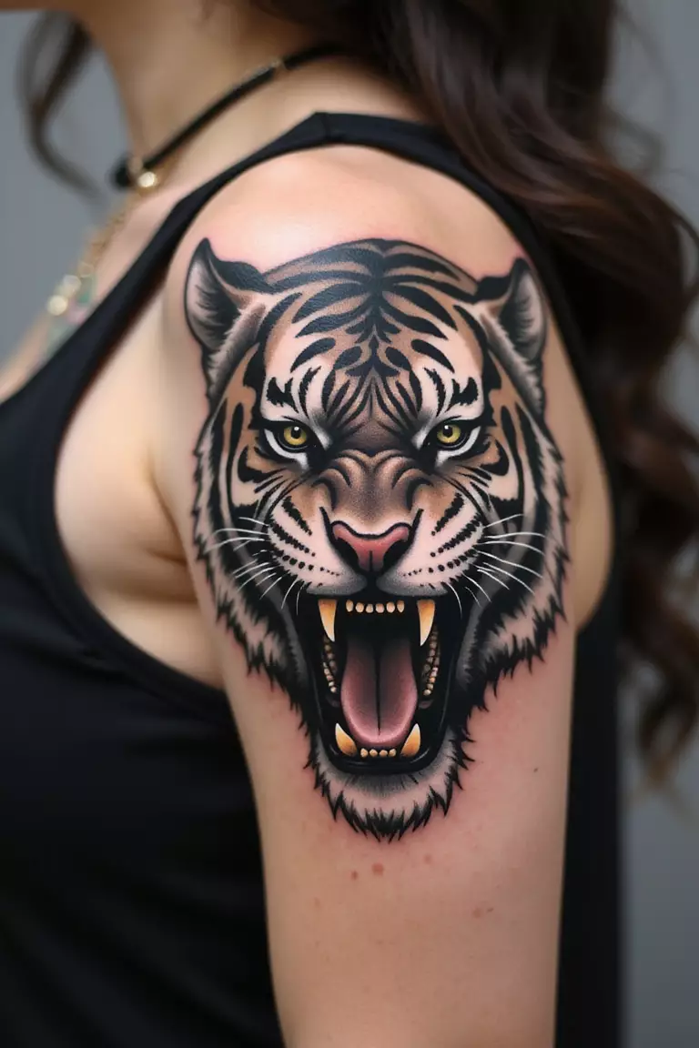 Tiger A close-up shot of a woman showing her black ink roaring tiger head tattoo design on her arm
