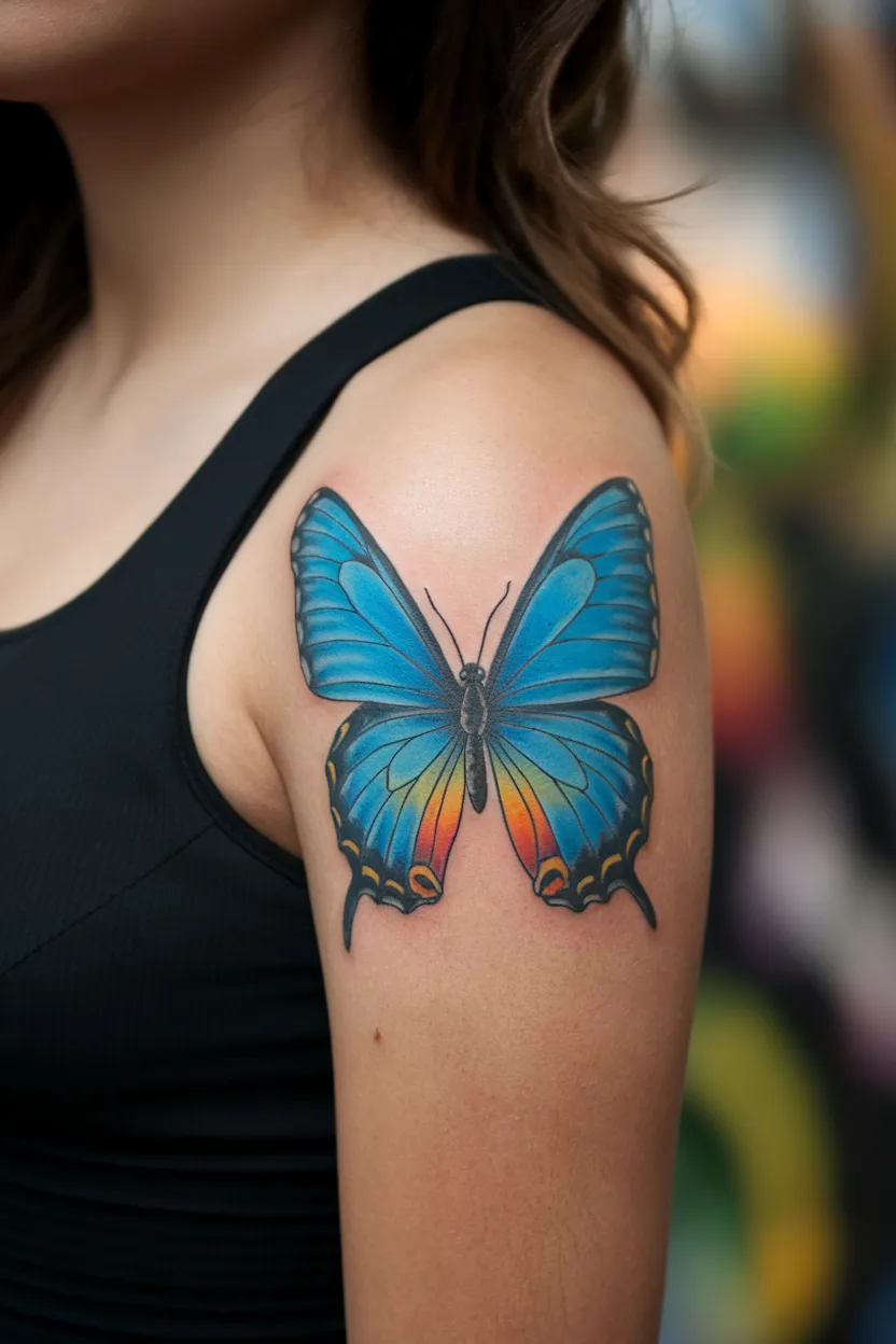 Blue Butterfly With Color Burst