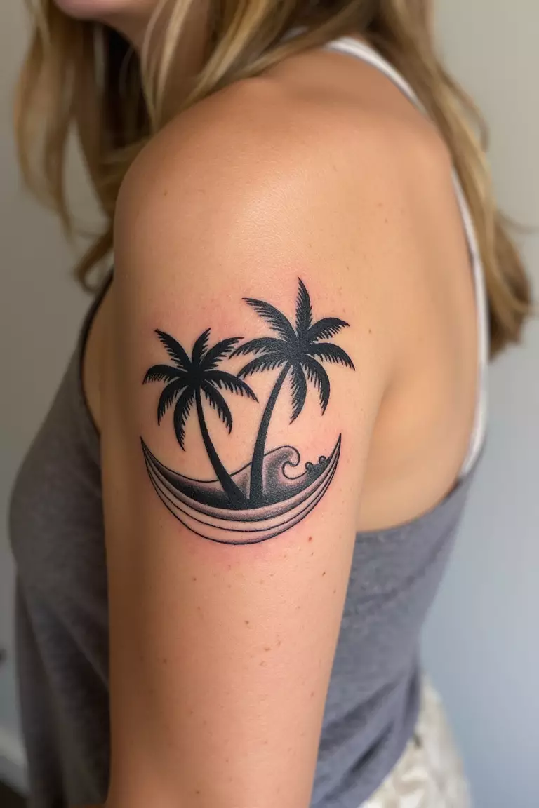 A close up shot of woman's arm with a black ink tattoo featuring two palm trees and waves, emphasizing beach love with doubled imagery.