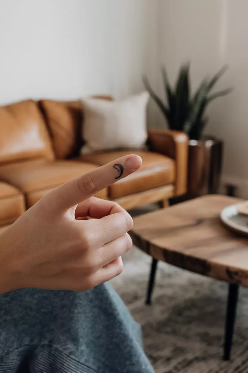 A close-up photo of a woman showing her finger with a tiny, minimalist crescent moon tattoo, clean and simple in design, tattoo design, living room background