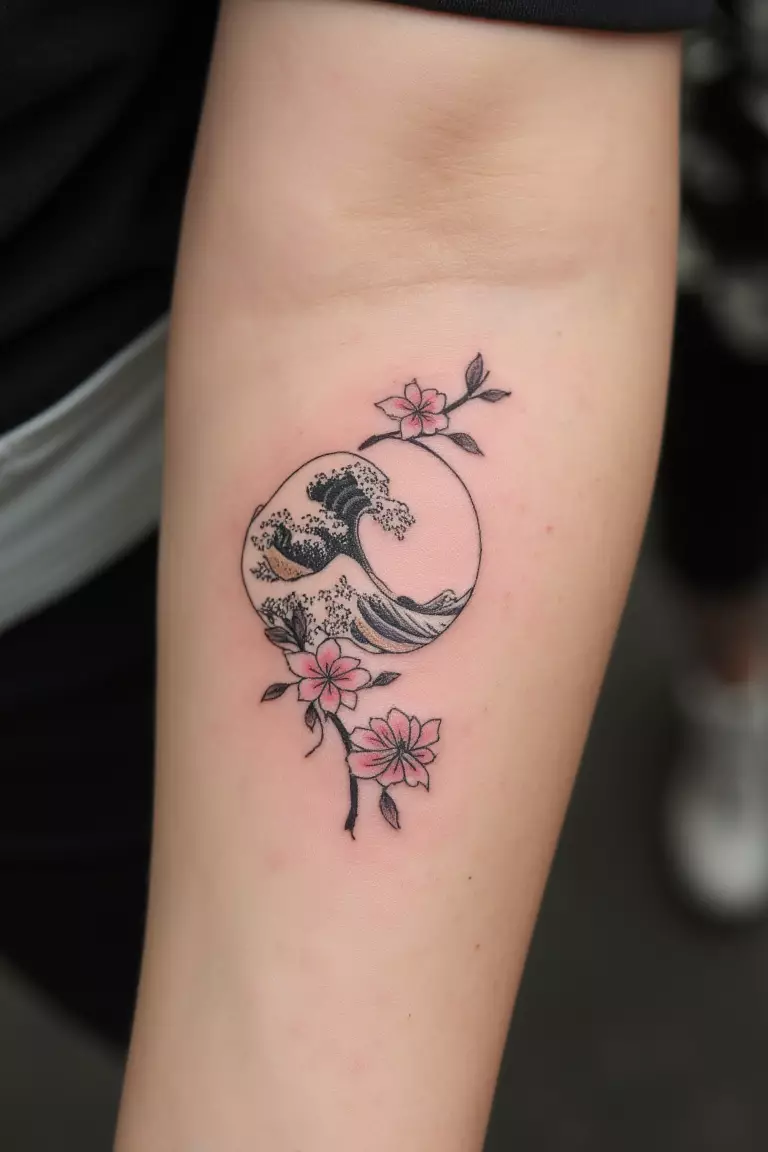 A close up shot of woman's arm with a black ink minimalist wave with a few cherry blossoms tattoo  