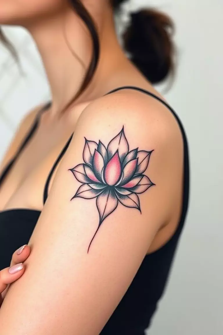 A close-up photo of a woman showing her abstract lotus flower arm tattoo design.  