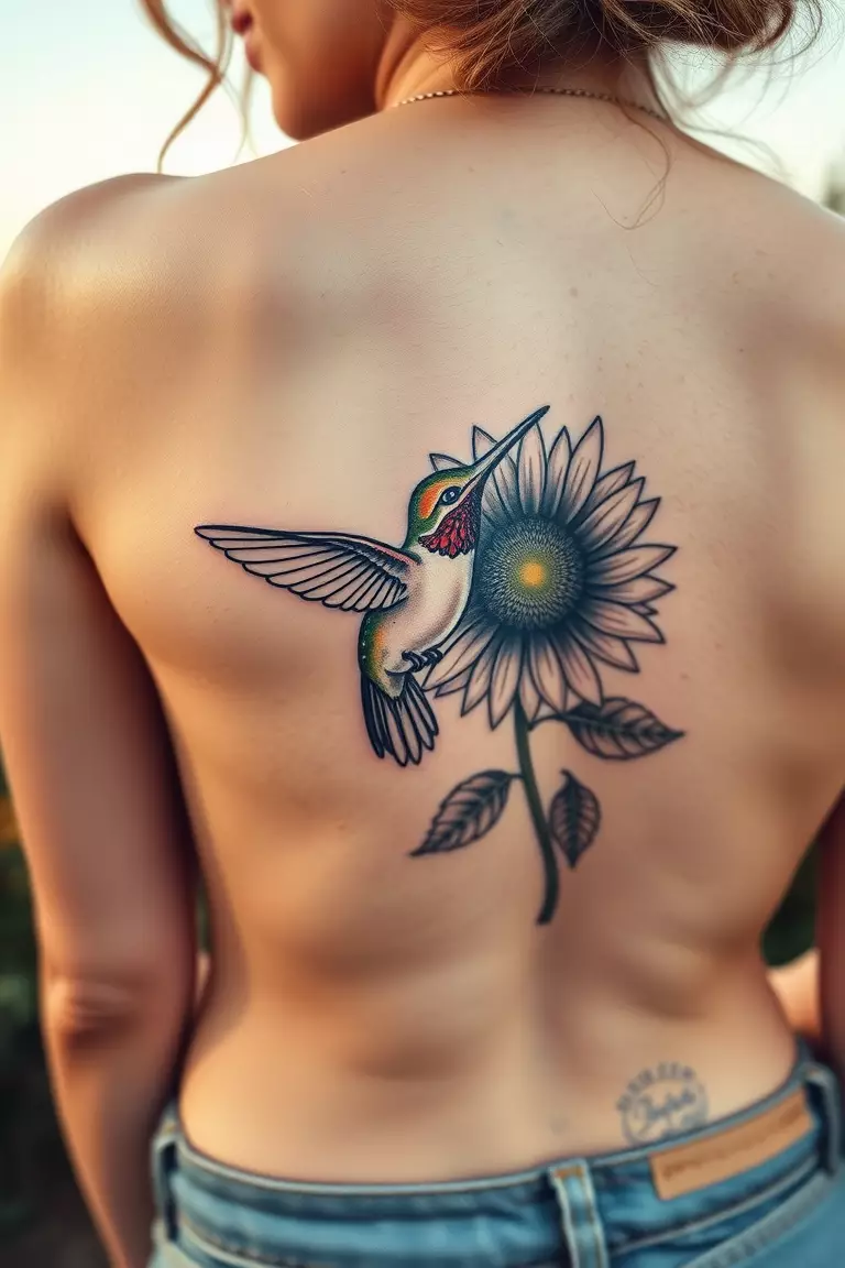 Hummingbird and Sunflower Tattoo on Lower Back A photo of a woman with a hummingbird and sunflower tattoo on her lower back, radiating warmth and cheer